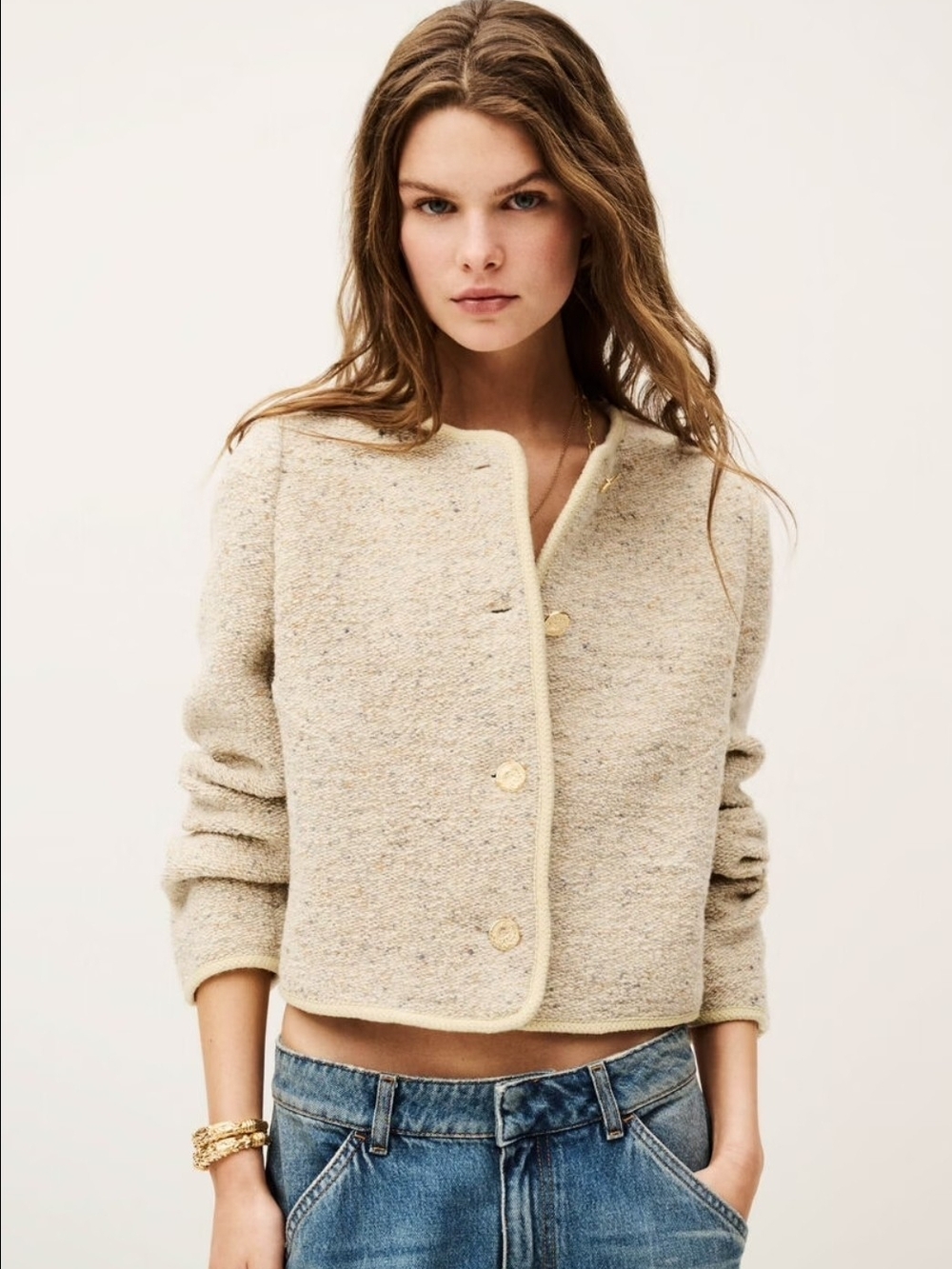 ba&sh Cream Tweed Button Front Cardigan with Gold Buttons